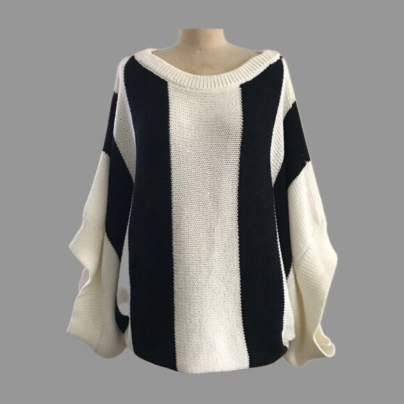 Trina Turk Cream Black Striped Cotton Oversized Knit Dolman Sweater NWOT - M - Picture 2 of 8